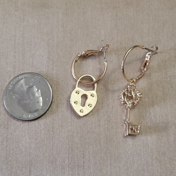 Dainty Heart Lock & Key Gold Tone Hoop Earrings - Picture 3 of 5
